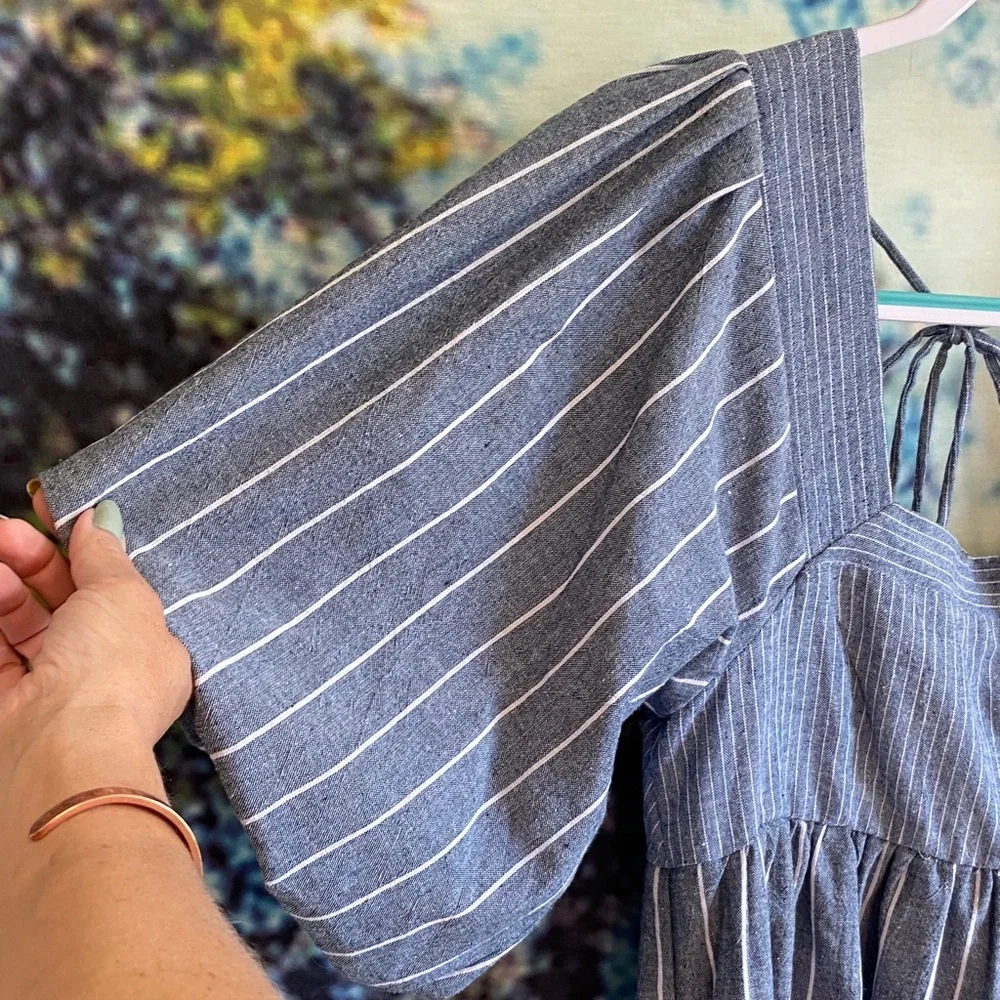 Free People blue and white Striped Mini Dress open back puff sleeves denim like - Picture 7 of 12